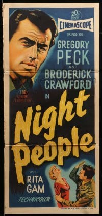 4g486 NIGHT PEOPLE Aust daybill '54 artwork of soldier Gregory Peck, Rita Gam smacked!