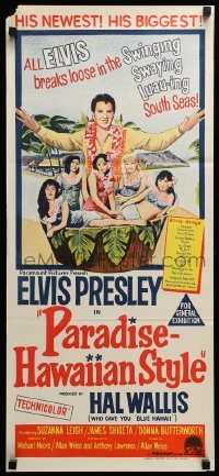 4g496 PARADISE - HAWAIIAN STYLE Aust daybill '66 different art of Elvis Presley& beach babes!