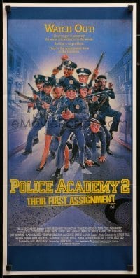 4g503 POLICE ACADEMY 2 Aust daybill '85 Steve Guttenberg, Bubba Smith, Drew Struzan art of cast!