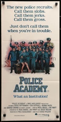 4g502 POLICE ACADEMY Aust daybill '84 Steve Guttenberg, Kim Cattrall, Drew Struzan police artwork!
