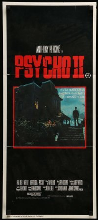 4g512 PSYCHO II Aust daybill '83 Anthony Perkins as Norman Bates, creepy image of classic house!