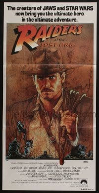 4g514 RAIDERS OF THE LOST ARK Aust daybill '81 art of adventurer Harrison Ford by Richard Amsel!