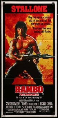 4g516 RAMBO FIRST BLOOD PART II Aust daybill '85 no man, no law, no war can stop Stallone!