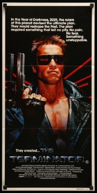 4g561 TERMINATOR Aust daybill '84 super close up of classic cyborg Arnold Schwarzenegger w/gun!