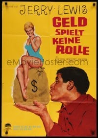 4g266 IT'S ONLY MONEY German '63 Peltzer art of private eye Jerry Lewis w/money bag & sexy girl!