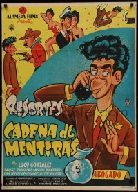 4g017 CADENA DE MENTIRAS Mexican poster '55 wacky cartoon art of comedian Resortes by Cabral!