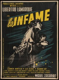 4g033 LA INFAME Mexican poster '54 cool artwork of mother running & holding child by Josep Renau!