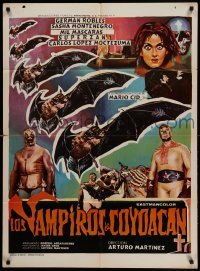 4g041 LOS VAMPIROS DE COYOACAN Mexican poster '74 cool art of vampire bats & masked wrestlers!