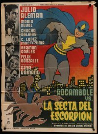 4g045 ROCAMBOLE CONTRA LA SECTA DEL ESCORPION Mexican poster '67 different art of super hero!