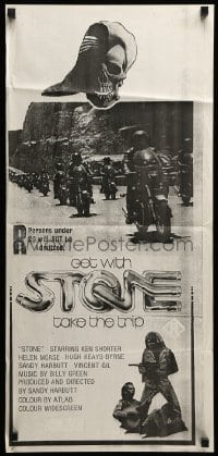 4g553 STONE New Zealand daybill '74 cool skull artwork + lots of guys on motorcycles!
