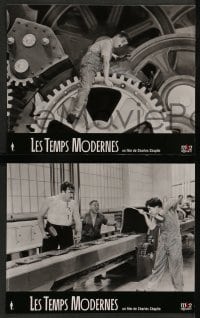 4g987 MODERN TIMES 4 French LCs R02 great images of Charlie Chaplin w/cast, one with classic gears!