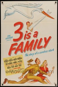 4j009 3 IS A FAMILY 1sh '44 wacky artwork of stork with baby chasing couple on tandem bicycle!
