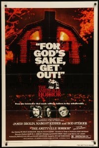 4j043 AMITYVILLE HORROR 1sh '79 great image of haunted house, for God's sake get out!