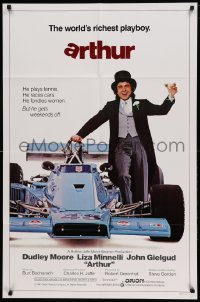 4j052 ARTHUR int'l 1sh '81 different image of drunk Dudley Moore by F1 race car!