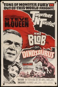 4j083 BLOB/DINOSAURUS 1sh '64 great close up of Steve McQueen, plus art of T-Rex w/girl!
