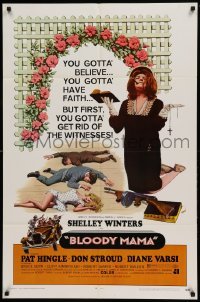 4j086 BLOODY MAMA 1sh '70 Roger Corman, AIP, crazy Shelley Winters w/Bible and tommy gun!