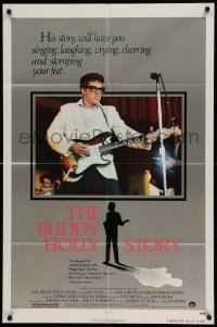 4j113 BUDDY HOLLY STORY 1sh '78 great image of Gary Busey performing on stage with guitar!