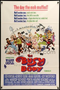 4j119 BUSY BODY 1sh '67 William Castle, great wacky art of entire cast by Frank Frazetta!
