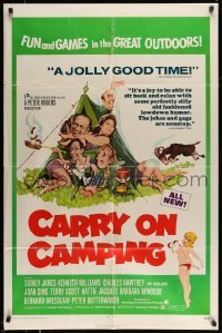 4j134 CARRY ON CAMPING 1sh '71 Sidney James, English nudist sex, wacky outdoors artwork!