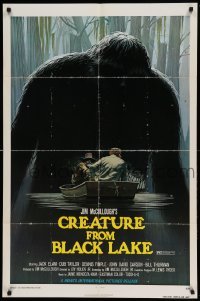 4j190 CREATURE FROM BLACK LAKE 1sh '76 cool art of monster looming over guys in boat by McQuarrie!