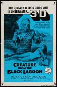 4j191 CREATURE FROM THE BLACK LAGOON 1sh R72 great art of monster attacking sexy Julie Adams, 3-D!