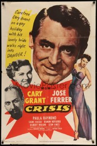4j196 CRISIS 1sh '50 great huge headshot art of Cary Grant, plus Paula Raymond & Jose Ferrer!