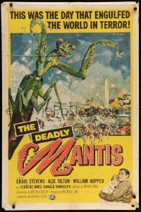 4j226 DEADLY MANTIS 1sh '57 classic art of giant insect by Washington Monument by Ken Sawyer!