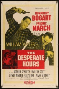4j232 DESPERATE HOURS 1sh '55 Humphrey Bogart attacks Fredric March from behind, William Wyler