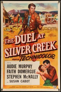 4j253 DUEL AT SILVER CREEK 1sh '52 cool artwork of gunslinger Audie Murphy, Faith Domergue!