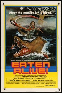 4j258 EATEN ALIVE 1sh '77 Tobe Hooper, wild horror artwork of madman w/scythe & alligator!