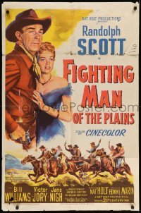 4j288 FIGHTING MAN OF THE PLAINS 1sh '49 Randolph Scott reaching for gun & holding Jane Nigh!
