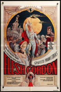 4j300 FLESH GORDON 1sh '74 sexy sci-fi spoof, wacky erotic super hero art by George Barr!