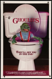 4j339 GHOULIES 1sh '85 wacky horror image of goblin in toilet, they'll get you in the end!