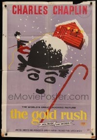 4j356 GOLD RUSH 1sh R59 Charlie Chaplin classic, wonderful art by Leo Kouper!