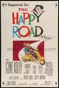 4j385 HAPPY ROAD 1sh '57 romantic art of Gene Kelly & Barbara Laage riding on Vespa!