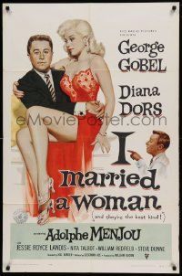 4j422 I MARRIED A WOMAN 1sh '58 artwork of sexiest Diana Dors sitting in George Gobel's lap!