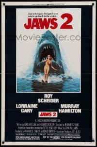 4j442 JAWS 2 1sh '78 great classic art of giant shark attacking girl on water skis by Lou Feck!