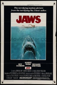 4j441 JAWS 1sh '75 artwork of Steven Spielberg's classic man-eating shark attacking sexy swimmer!