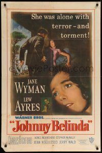 4j447 JOHNNY BELINDA 1sh '48 Jane Wyman was alone with terror and torment, Lew Ayres