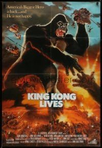 4j464 KING KONG LIVES 1sh '86 great artwork of huge unhappy ape attacked by army!