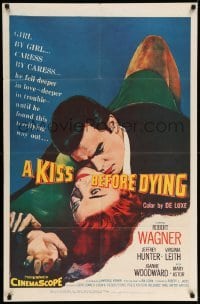 4j470 KISS BEFORE DYING 1sh '56 great close up art of Robert Wagner & Joanne Woodward!