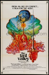 4j486 LAST VALLEY style A int'l 1sh '71 James Clavell, Michael Caine, cool art by Isadore Gettzer!