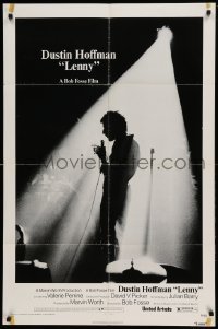 4j492 LENNY 1sh '74 silhouette image of Dustin Hoffman as comedian Lenny Bruce at microphone!