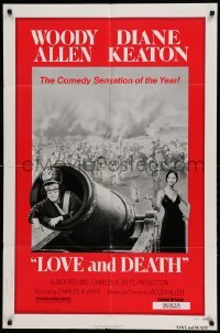 4j515 LOVE & DEATH 1sh '75 Diane Keaton about to fire Woody Allen out of a cannon!