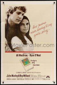 4j517 LOVE STORY 1sh '70 great romantic close up of Ali MacGraw & Ryan O'Neal!