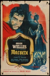 4j521 MACBETH 1sh '48 art of star & director Orson Welles, Jeanette Nolan, Shakespeare!