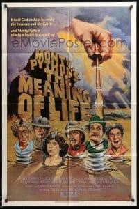 4j586 MONTY PYTHON'S THE MEANING OF LIFE 1sh '83 Garland artwork of the screwy Monty Python cast!