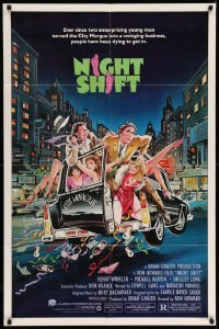 4j623 NIGHT SHIFT 1sh '82 Michael Keaton, Henry Winkler, sexy girls in hearse art by Mike Hobson!