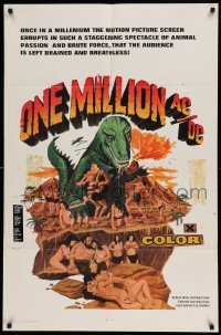 4j646 ONE MILLION AC/DC 1sh 69 wacky artwork of T-Rex attacking naked cave women & cavemen!