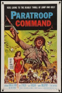 4j668 PARATROOP COMMAND 1sh '59 AIP, WWII sky-diving, cool art of soldiers & sexy Carolyn Hughes!